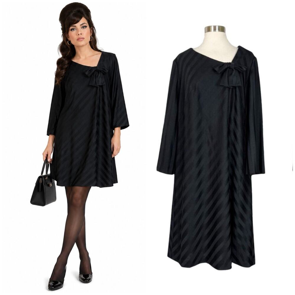 Lane Bryant | 60s Vintage First Lady Black Striped Bow Plus Size Shift Dress 14